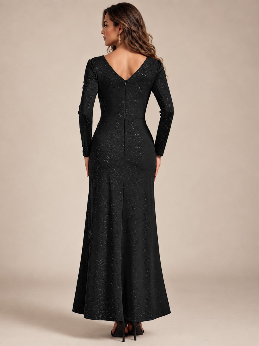 Robe maxi bodycon à manches longues en V avec sequins et fermeture éclair au dos #Couleur_Noir