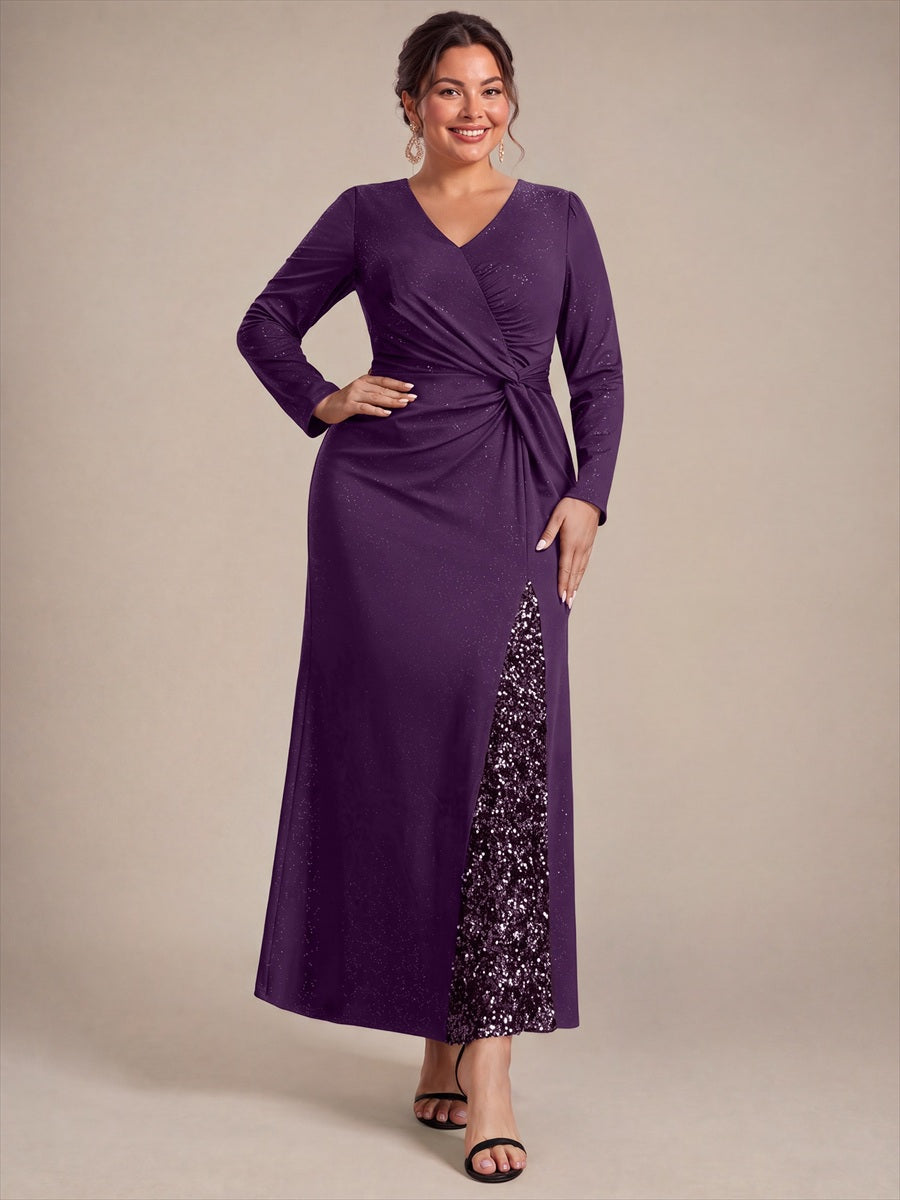Robe maxi bodycon à manches longues en V avec sequins et fermeture éclair au dos #Couleur_Violet Fonce