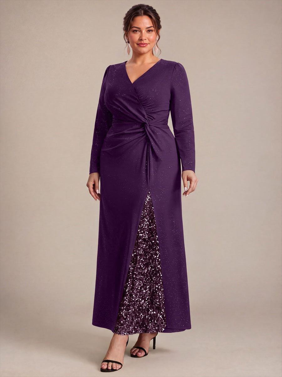 Robe maxi bodycon à manches longues en V avec sequins et fermeture éclair au dos #Couleur_Violet Fonce