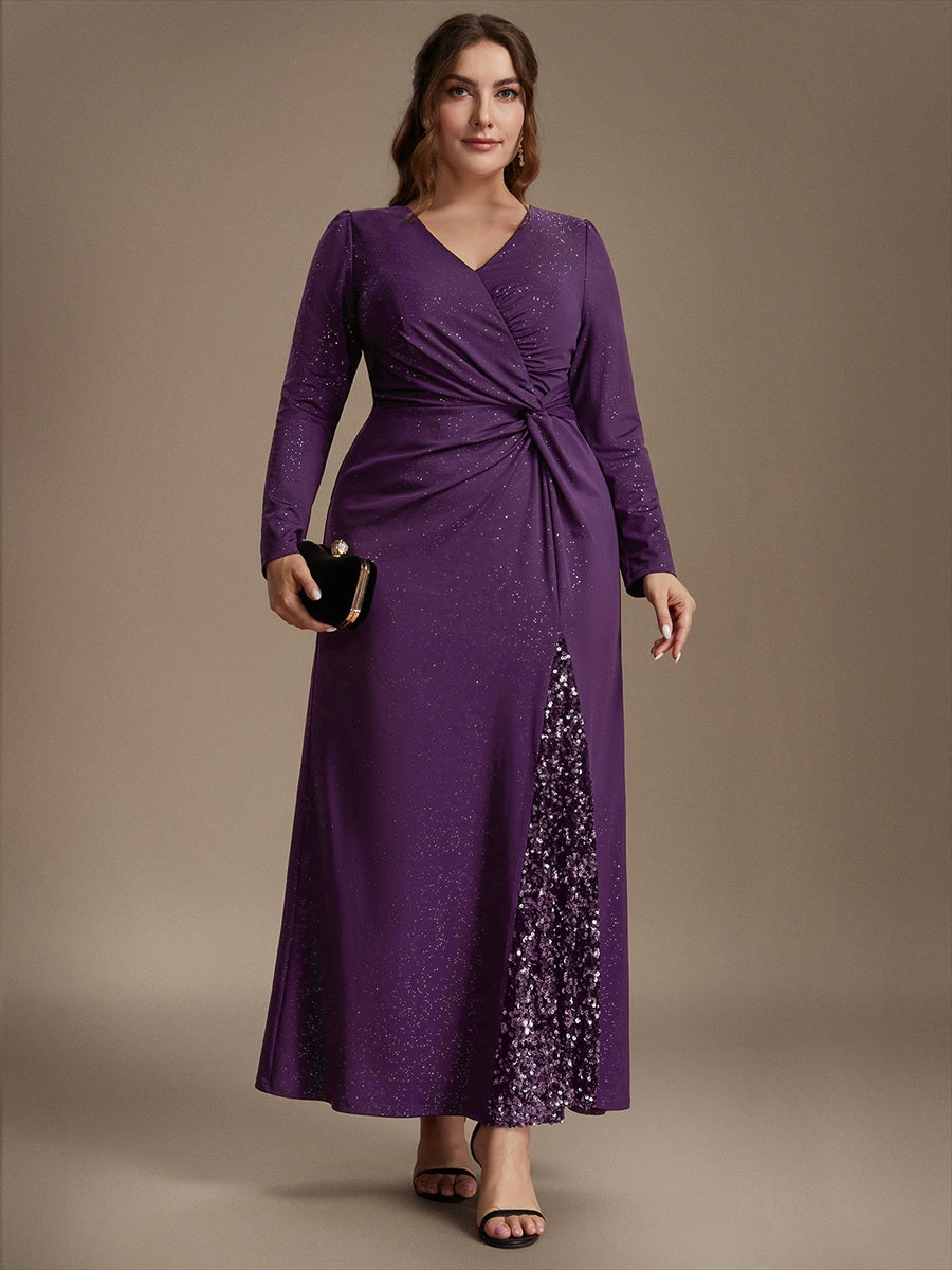 Robe maxi bodycon à manches longues en V avec sequins et fermeture éclair au dos #Couleur_Violet Fonce