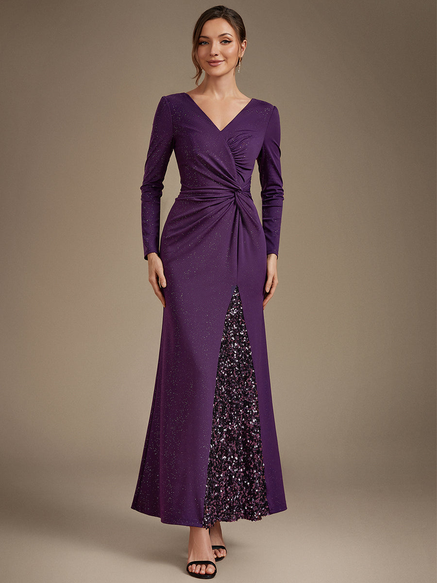 Robe maxi bodycon à manches longues en V avec sequins et fermeture éclair au dos #Couleur_Violet Fonce