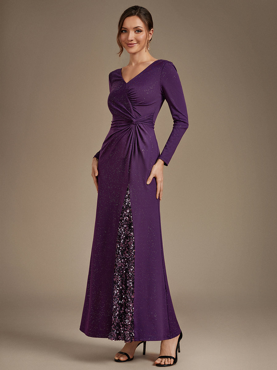 Robe maxi bodycon à manches longues en V avec sequins et fermeture éclair au dos #Couleur_Violet Fonce