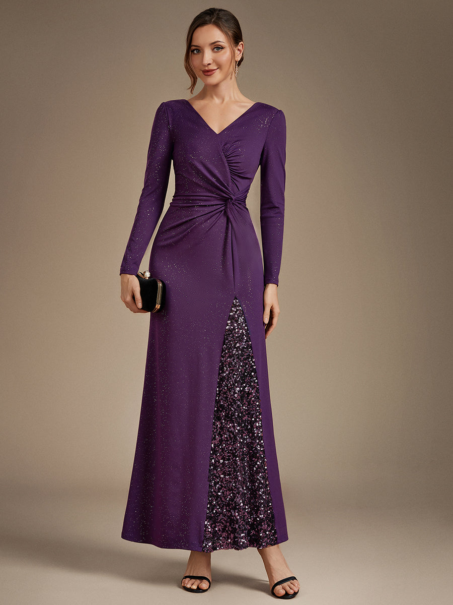 Robe maxi bodycon à manches longues en V avec sequins et fermeture éclair au dos #Couleur_Violet Fonce