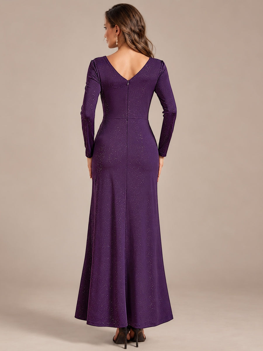 Robe maxi bodycon à manches longues en V avec sequins et fermeture éclair au dos #Couleur_Violet Fonce
