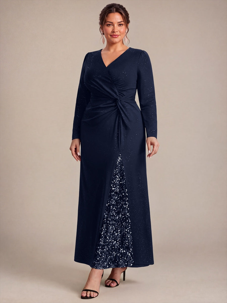 Robe maxi bodycon à manches longues en V avec sequins et fermeture éclair au dos #Couleur_Bleu Marine