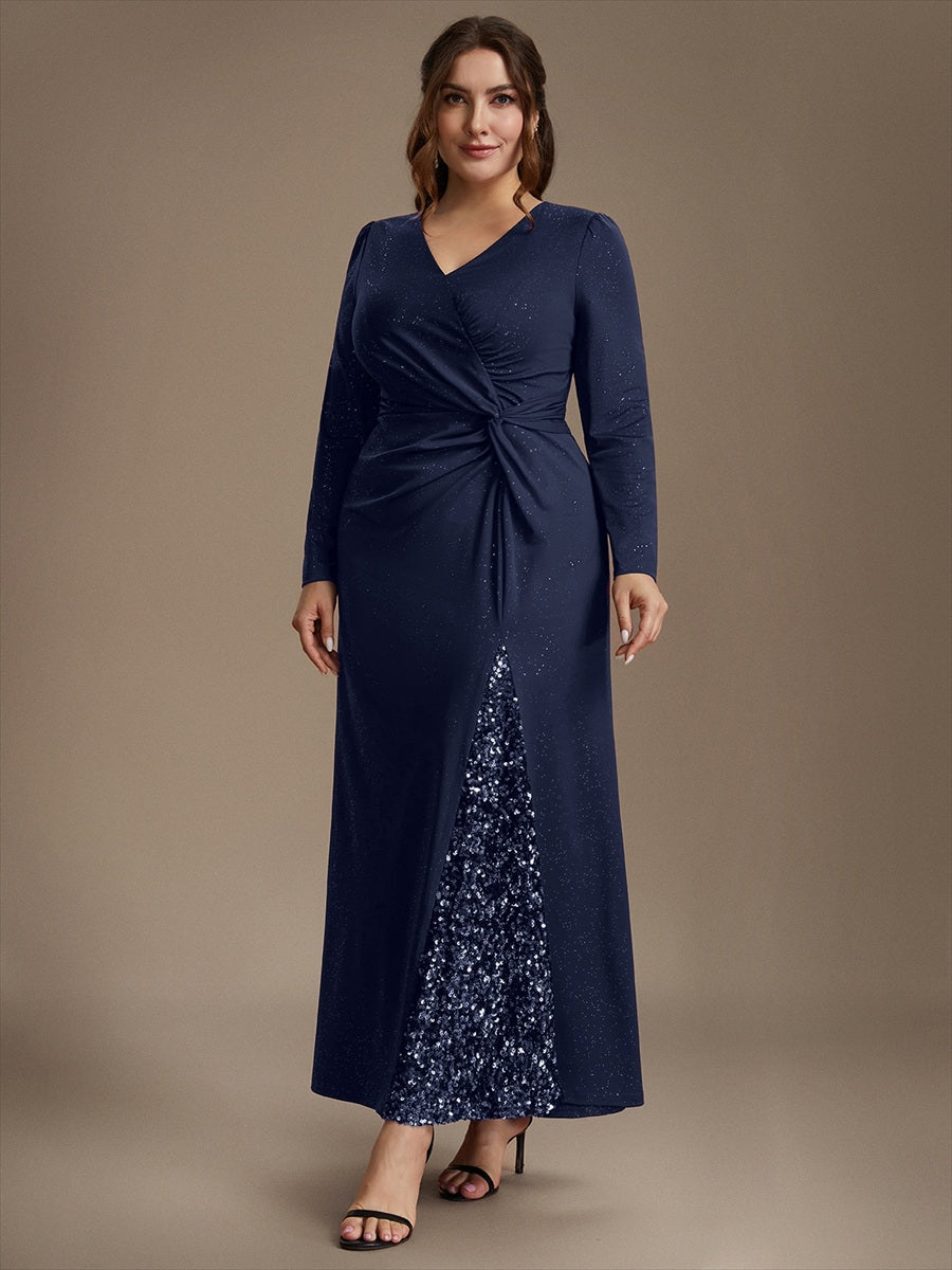 Robe maxi bodycon à manches longues en V avec sequins et fermeture éclair au dos #Couleur_Bleu Marine