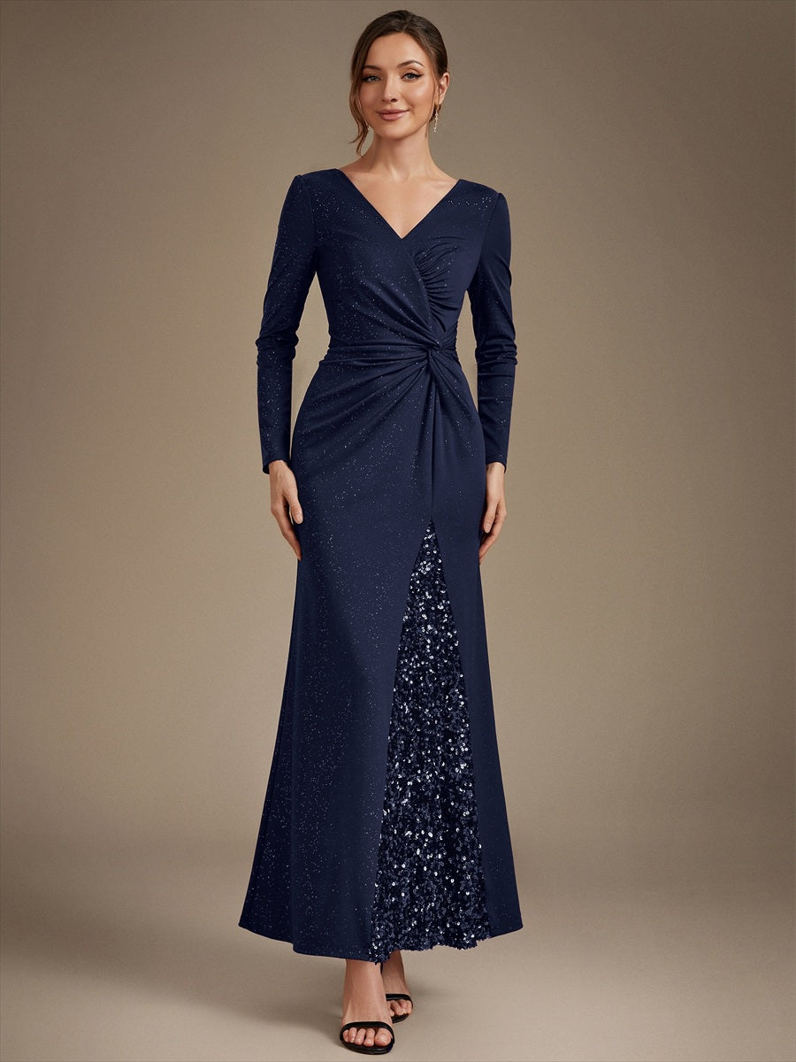 Robe maxi bodycon à manches longues en V avec sequins et fermeture éclair au dos #Couleur_Bleu Marine