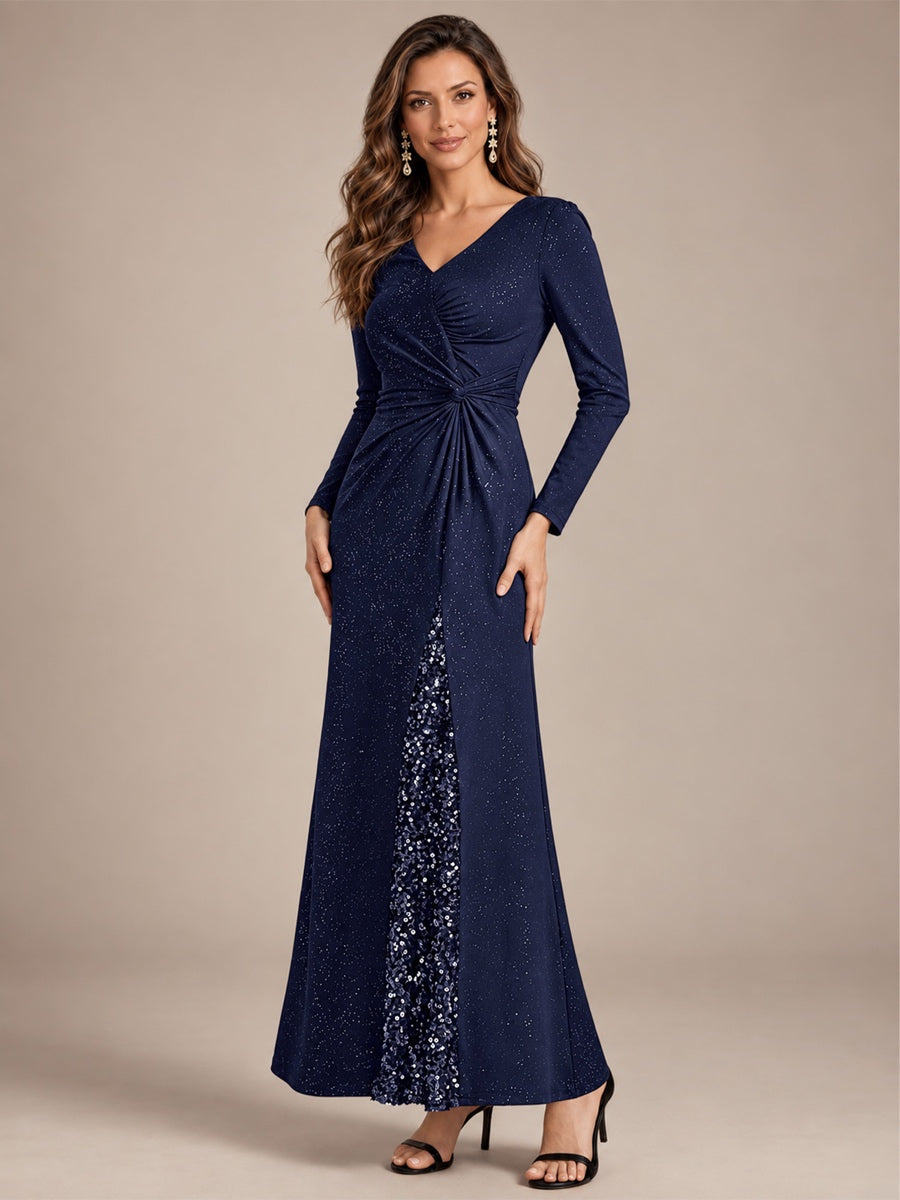 Robe maxi bodycon à manches longues en V avec sequins et fermeture éclair au dos #Couleur_Bleu Marine