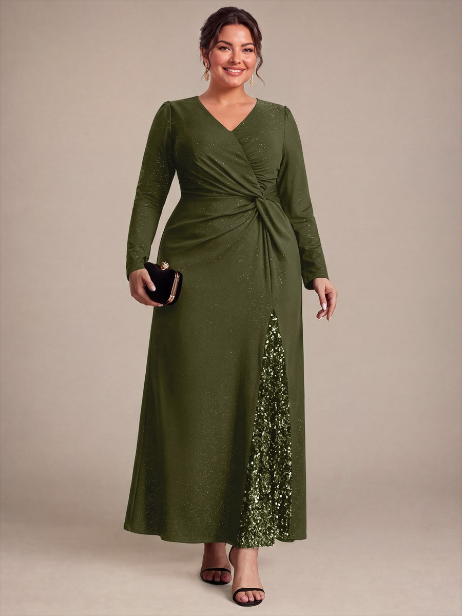 Robe maxi bodycon à manches longues en V avec sequins et fermeture éclair au dos #Couleur_Vert Olive