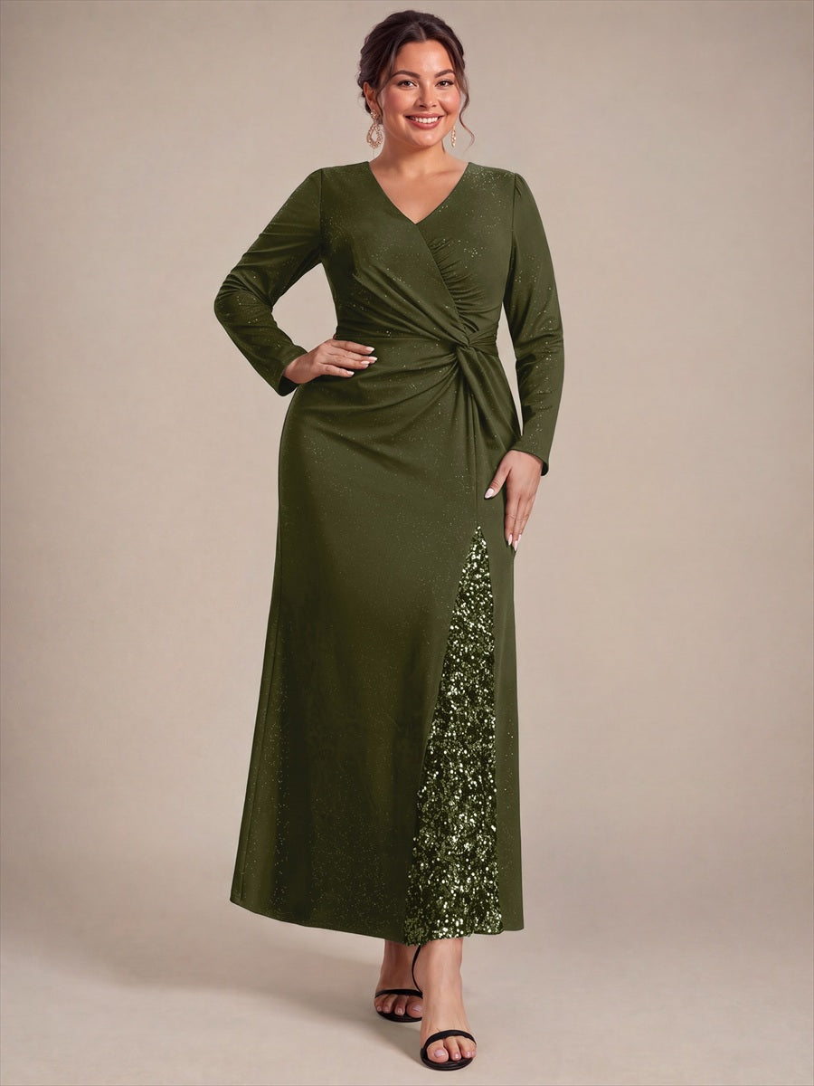 Robe maxi bodycon à manches longues en V avec sequins et fermeture éclair au dos #Couleur_Vert Olive