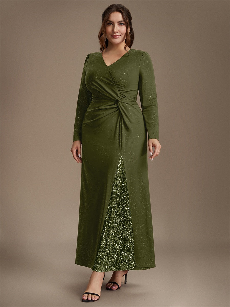 Robe maxi bodycon à manches longues en V avec sequins et fermeture éclair au dos #Couleur_Vert Olive
