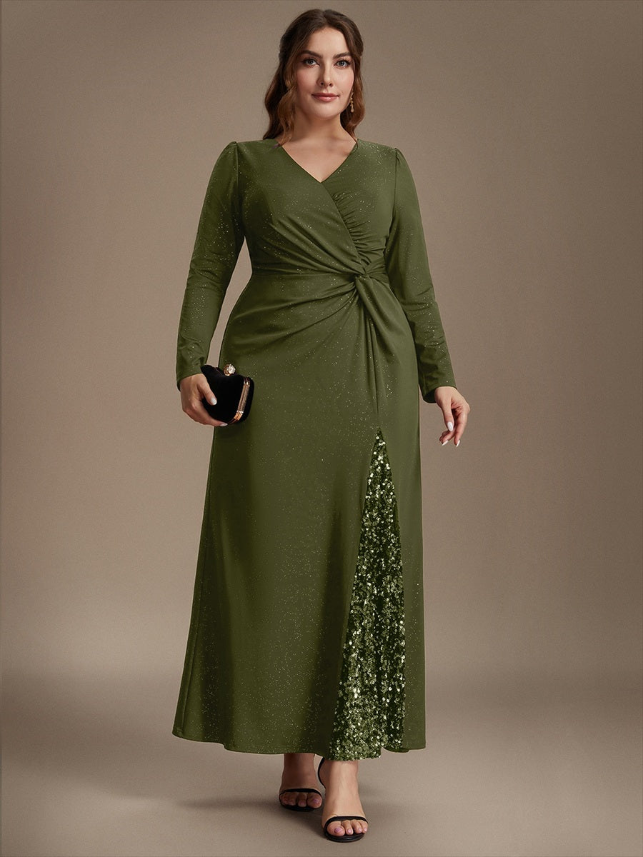 Robe maxi bodycon à manches longues en V avec sequins et fermeture éclair au dos #Couleur_Vert Olive
