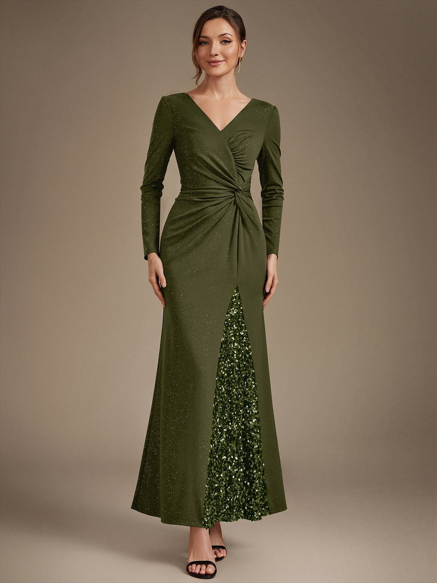 Robe maxi bodycon à manches longues en V avec sequins et fermeture éclair au dos #Couleur_Vert Olive
