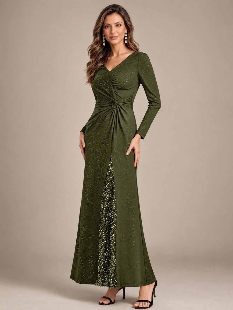 Robe maxi bodycon à manches longues en V avec sequins et fermeture éclair au dos #Couleur_Vert Olive