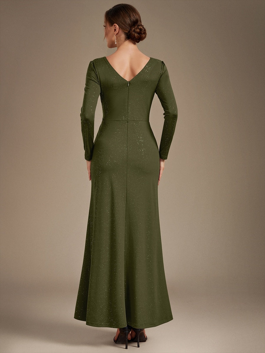 Robe maxi bodycon à manches longues en V avec sequins et fermeture éclair au dos #Couleur_Vert Olive