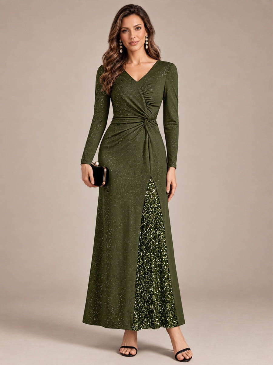 Robe maxi bodycon à manches longues en V avec sequins et fermeture éclair au dos #Couleur_Vert Olive