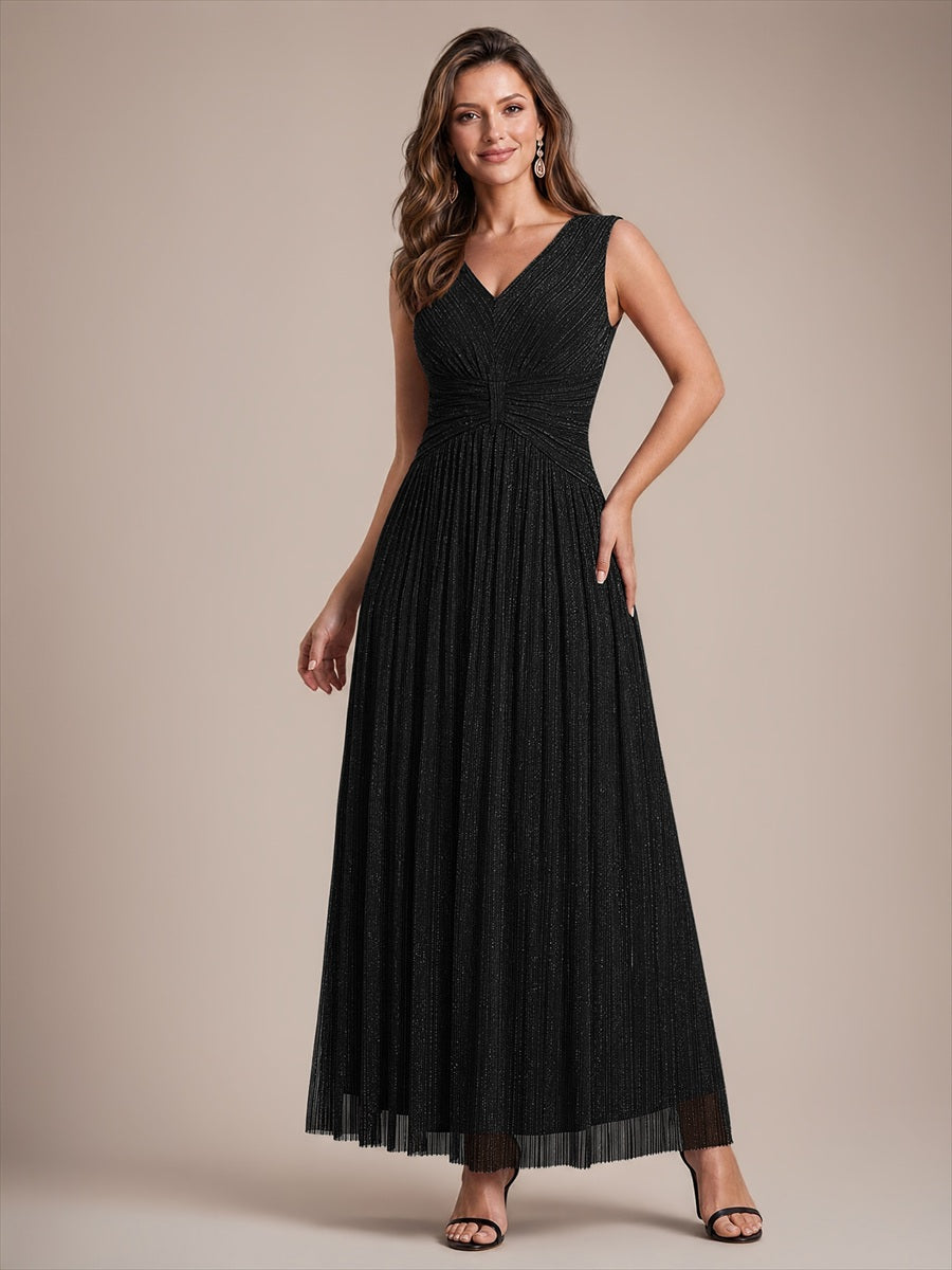 Robe longue évasée sans manches décolletée en V très extensible #Couleur_Noir
