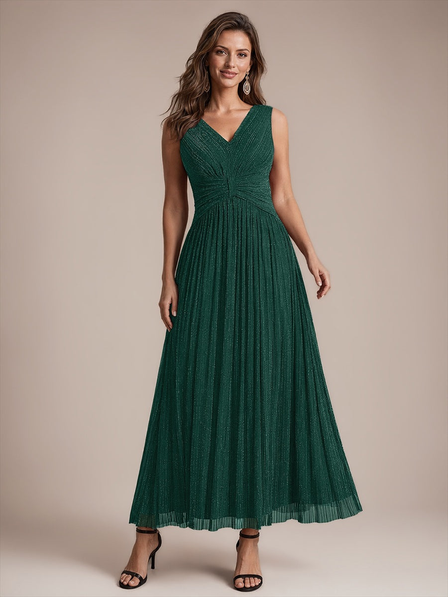 Robe longue évasée sans manches décolletée en V très extensible #Couleur_Vert Fonce
