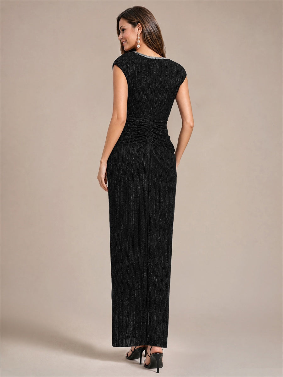 robe moulante à manches courtes en V avec fermeture éclair au dos longueur maxi très extensible #Couleur_Noir