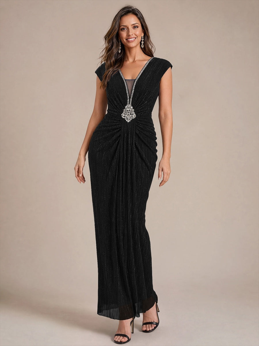 robe moulante à manches courtes en V avec fermeture éclair au dos longueur maxi très extensible #Couleur_Noir