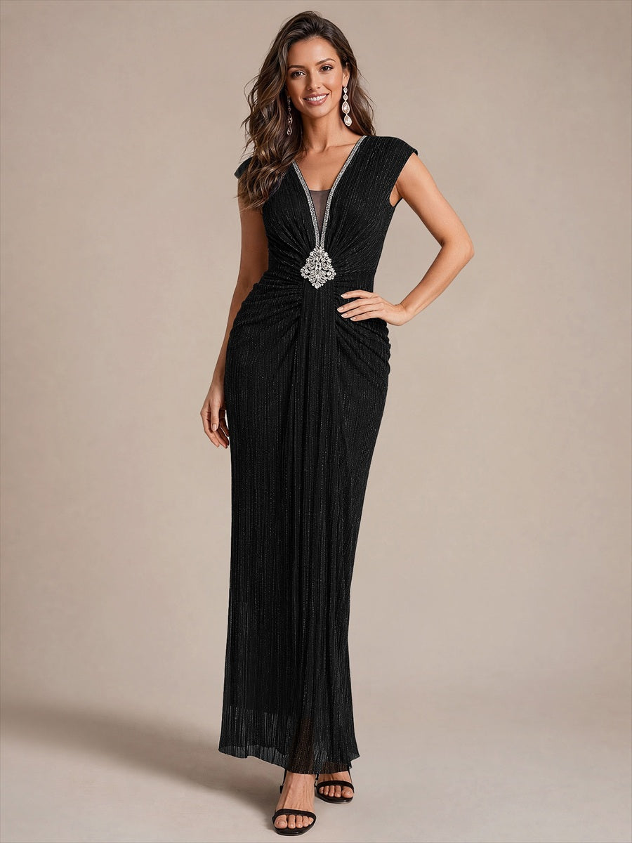 robe moulante à manches courtes en V avec fermeture éclair au dos longueur maxi très extensible #Couleur_Noir
