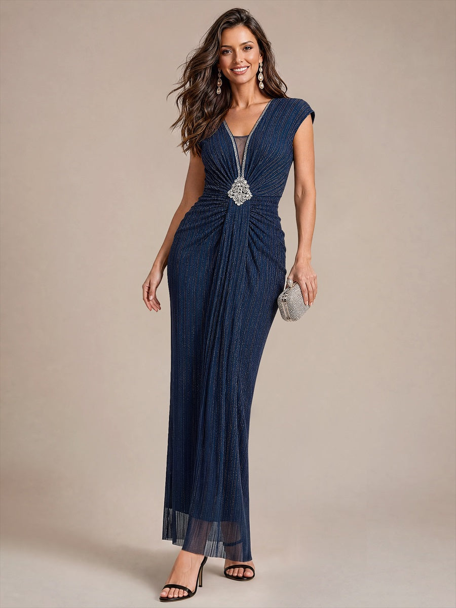 robe moulante à manches courtes en V avec fermeture éclair au dos longueur maxi très extensible #Couleur_Bleu Marine