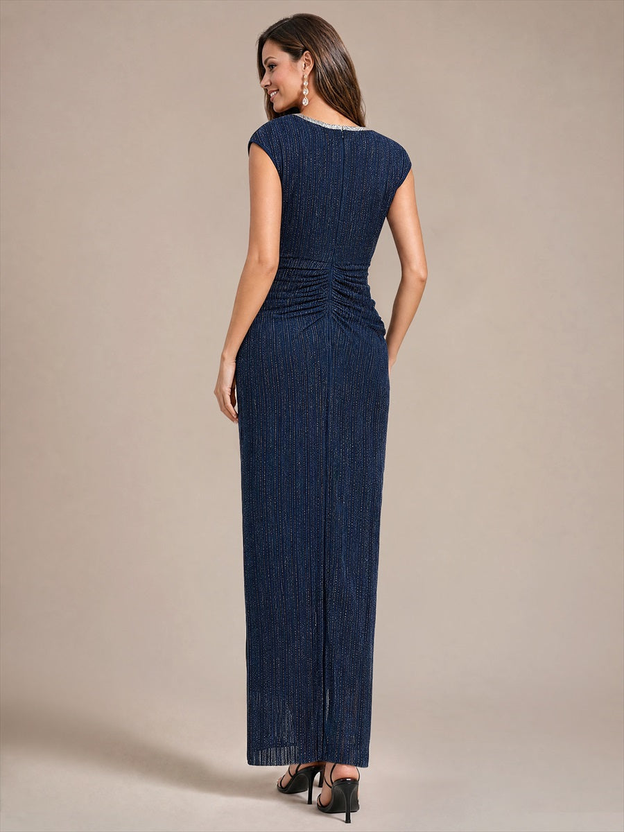 robe moulante à manches courtes en V avec fermeture éclair au dos longueur maxi très extensible #Couleur_Bleu Marine