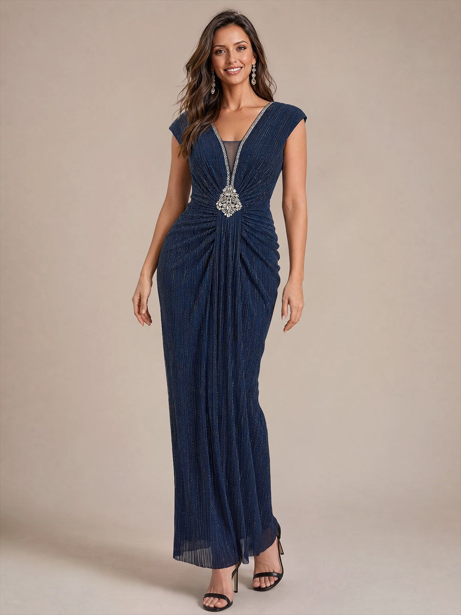 robe moulante à manches courtes en V avec fermeture éclair au dos longueur maxi très extensible #Couleur_Bleu Marine