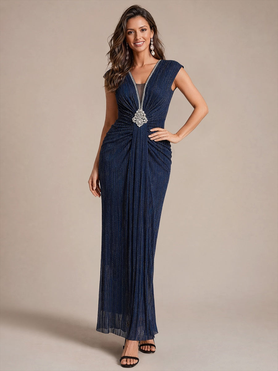 robe moulante à manches courtes en V avec fermeture éclair au dos longueur maxi très extensible #Couleur_Bleu Marine