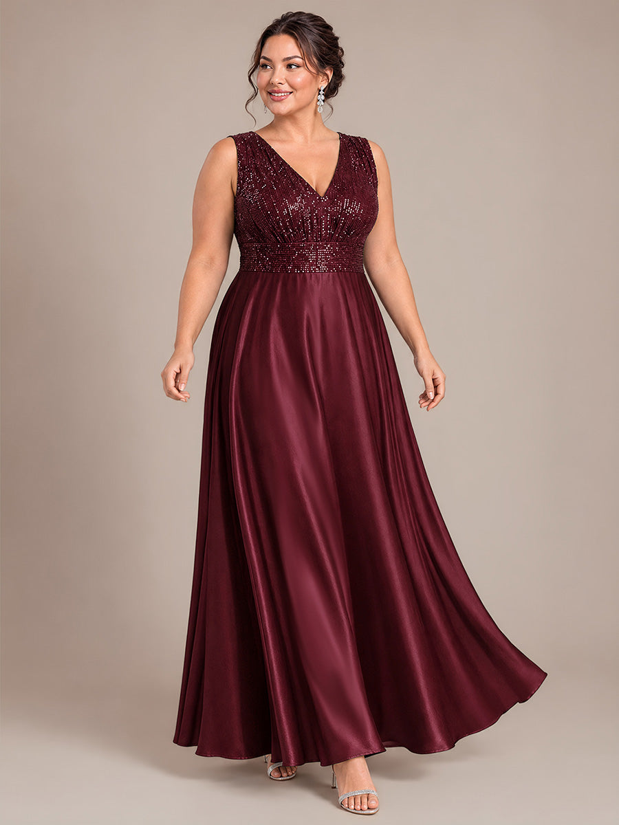 Robe A-Line sans manches à décolleté en V maxi longueur avec fermeture éclair au dos en sequins #Couleur_Bordeaux