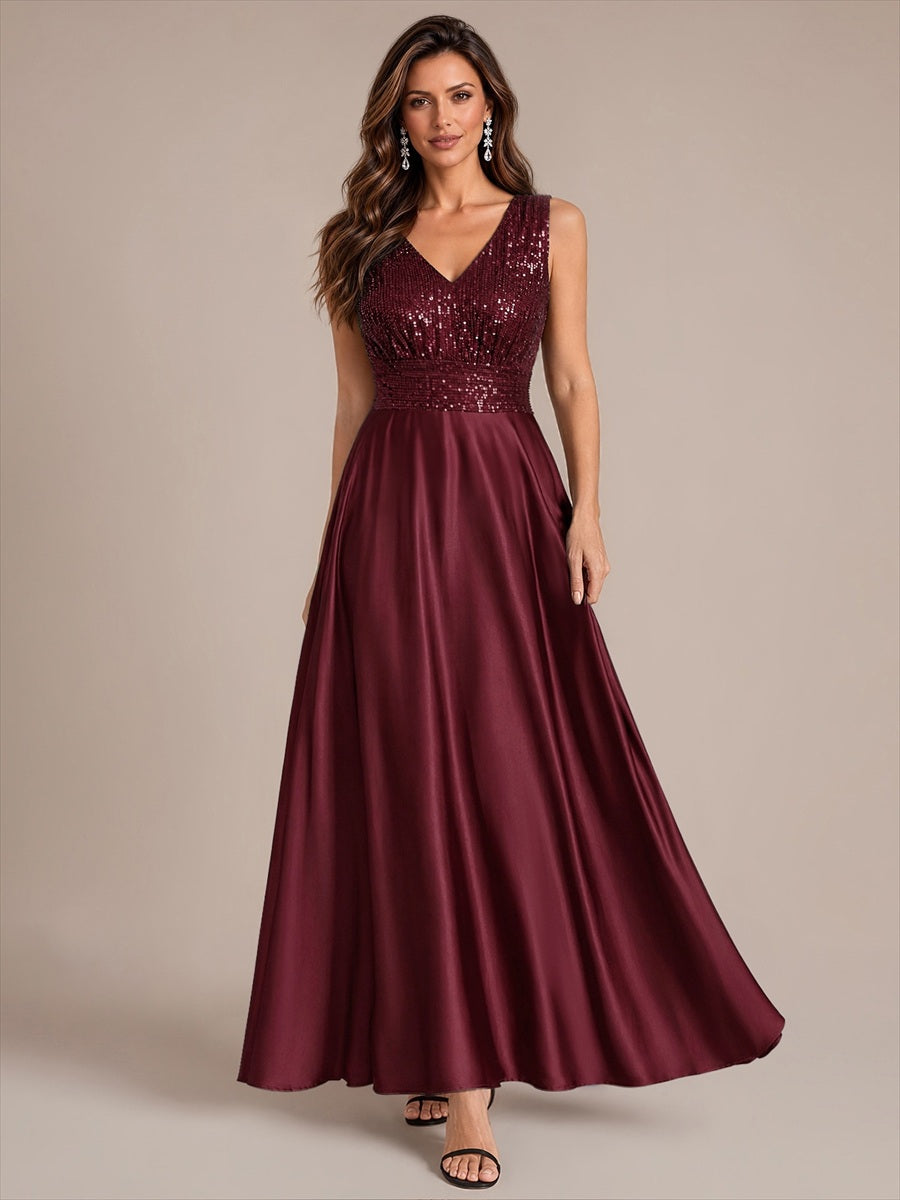 Robe A-Line sans manches à décolleté en V maxi longueur avec fermeture éclair au dos en sequins #Couleur_Bordeaux