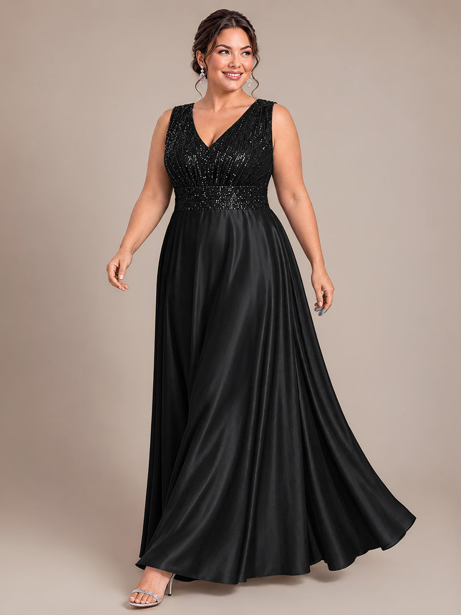 Robe A-Line sans manches à décolleté en V maxi longueur avec fermeture éclair au dos en sequins #Couleur_Noir