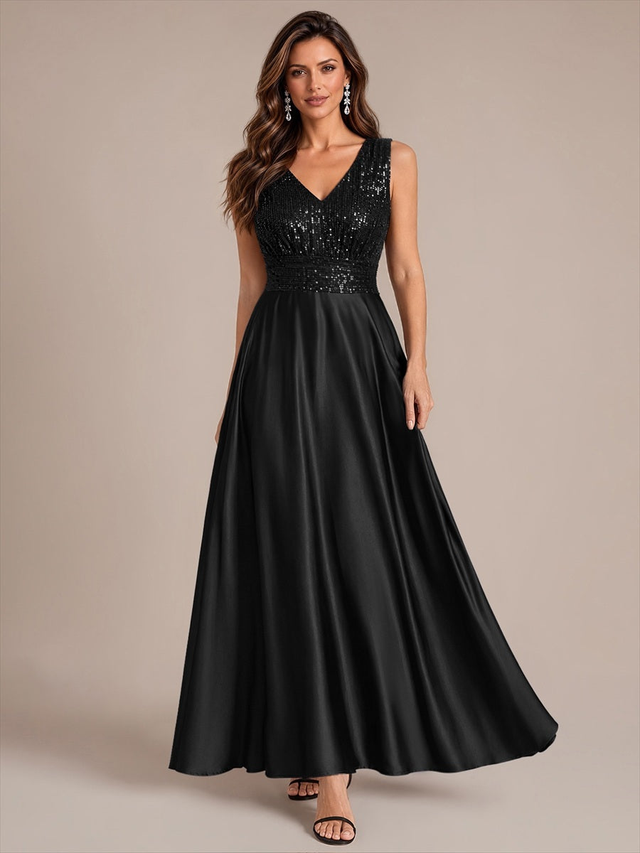 Robe A-Line sans manches à décolleté en V maxi longueur avec fermeture éclair au dos en sequins #Couleur_Noir