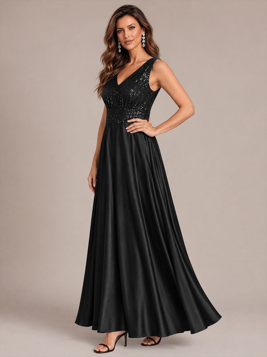 Robe A-Line sans manches à décolleté en V maxi longueur avec fermeture éclair au dos en sequins #Couleur_Noir