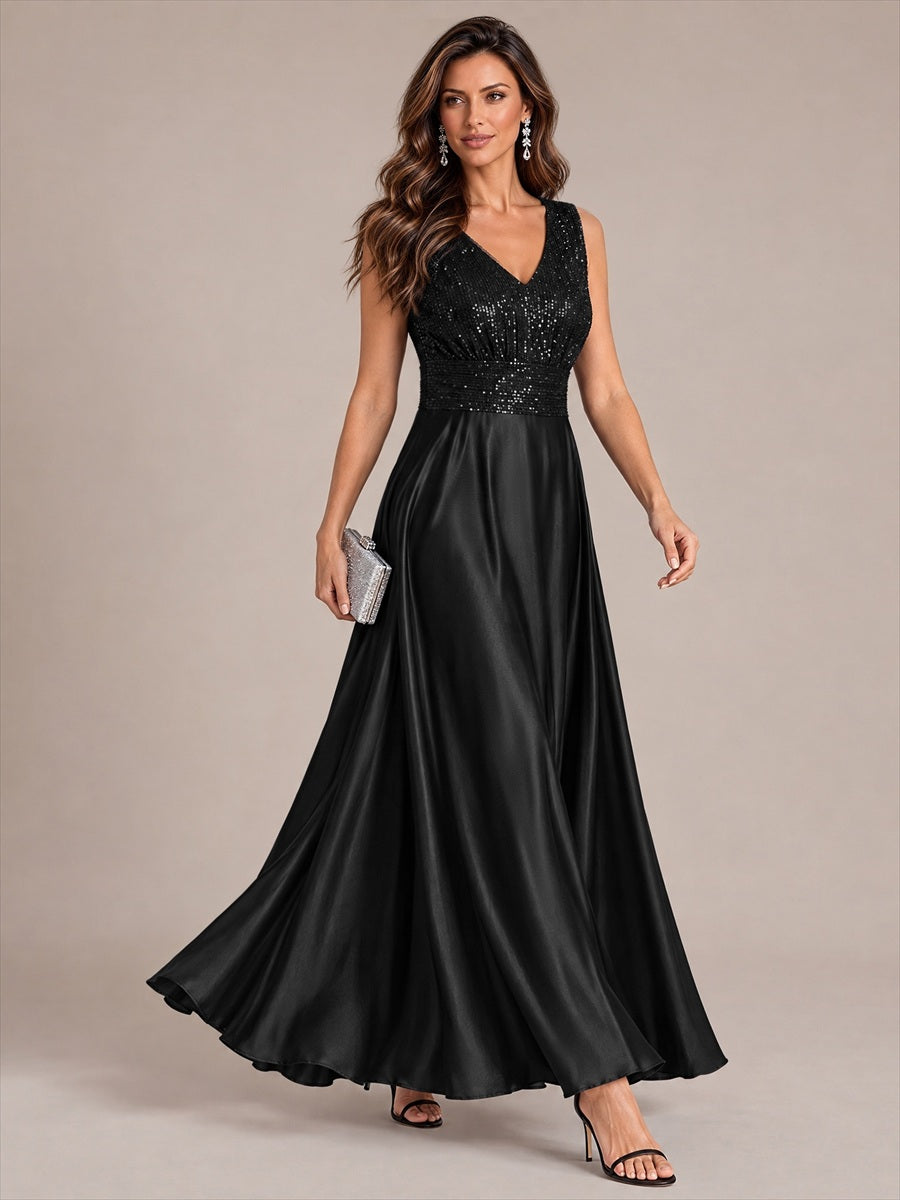 Robe A-Line sans manches à décolleté en V maxi longueur avec fermeture éclair au dos en sequins #Couleur_Noir