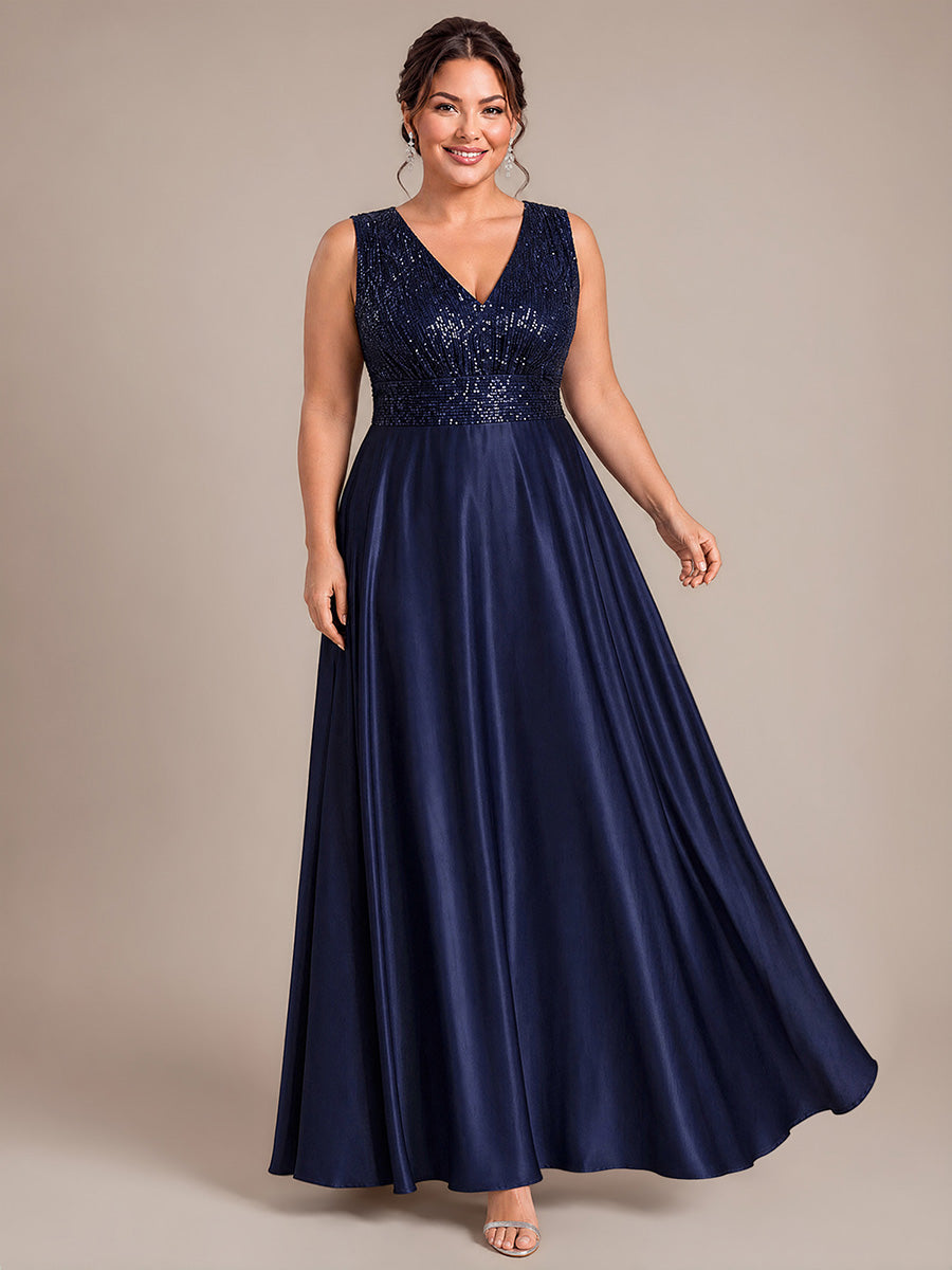 Robe A-Line sans manches à décolleté en V maxi longueur avec fermeture éclair au dos en sequins #Couleur_Bleu Marine