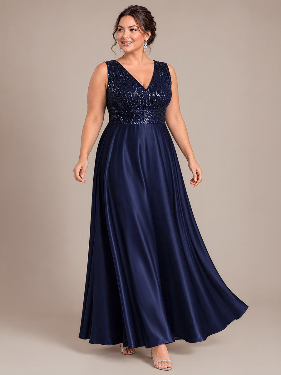 Robe A-Line sans manches à décolleté en V maxi longueur avec fermeture éclair au dos en sequins #Couleur_Bleu Marine