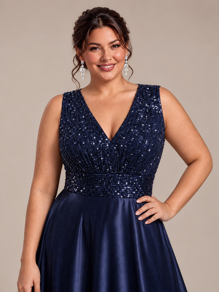 Robe A-Line sans manches à décolleté en V maxi longueur avec fermeture éclair au dos en sequins #Couleur_Bleu Marine