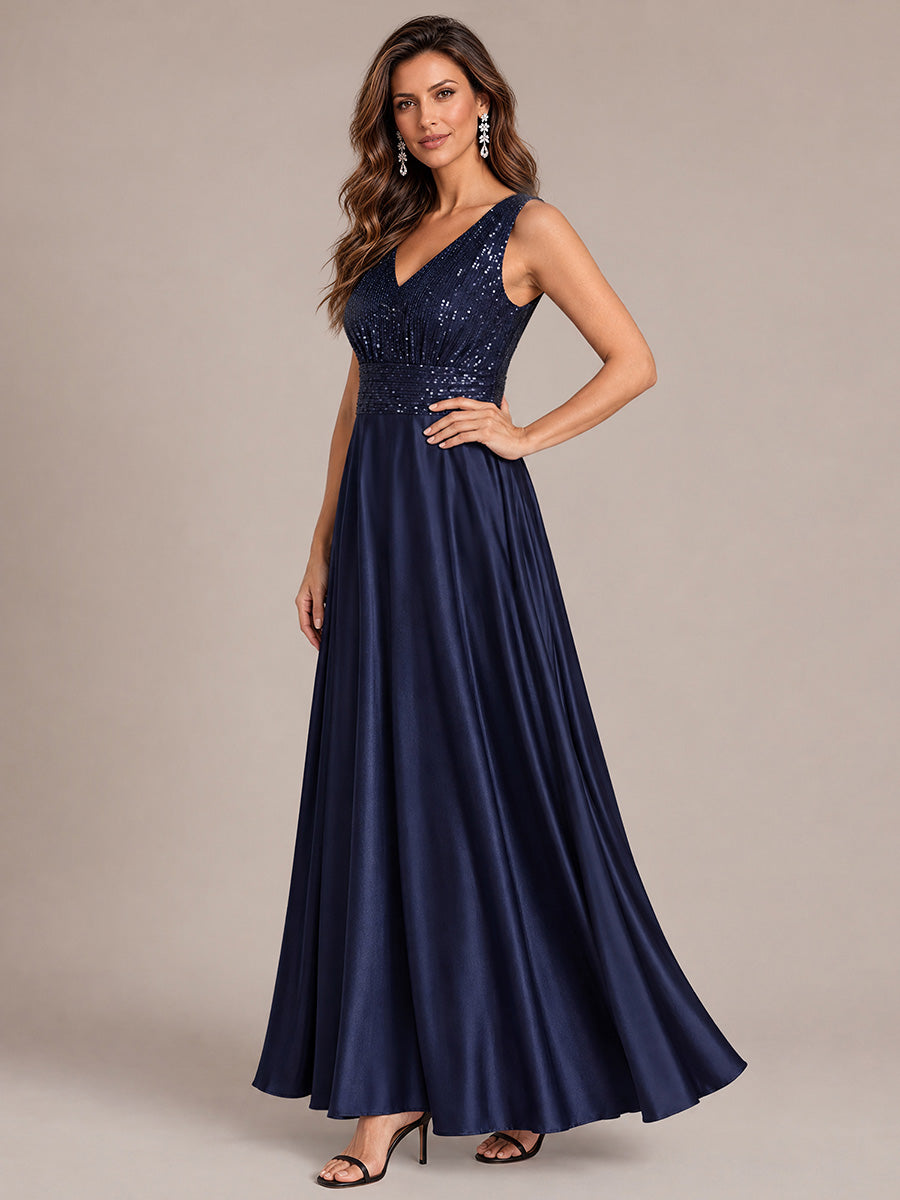 Robe A-Line sans manches à décolleté en V maxi longueur avec fermeture éclair au dos en sequins #Couleur_Bleu Marine