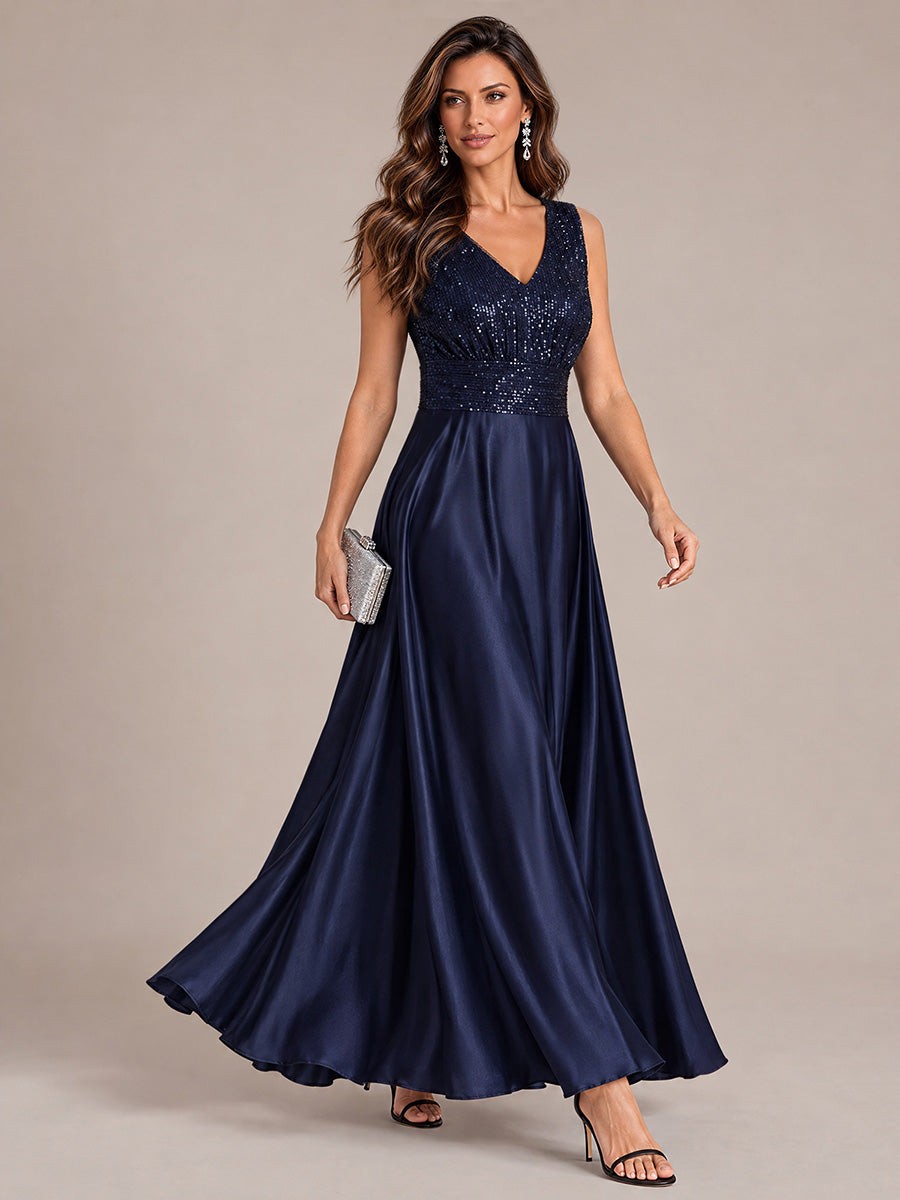 Robe A-Line sans manches à décolleté en V maxi longueur avec fermeture éclair au dos en sequins #Couleur_Bleu Marine