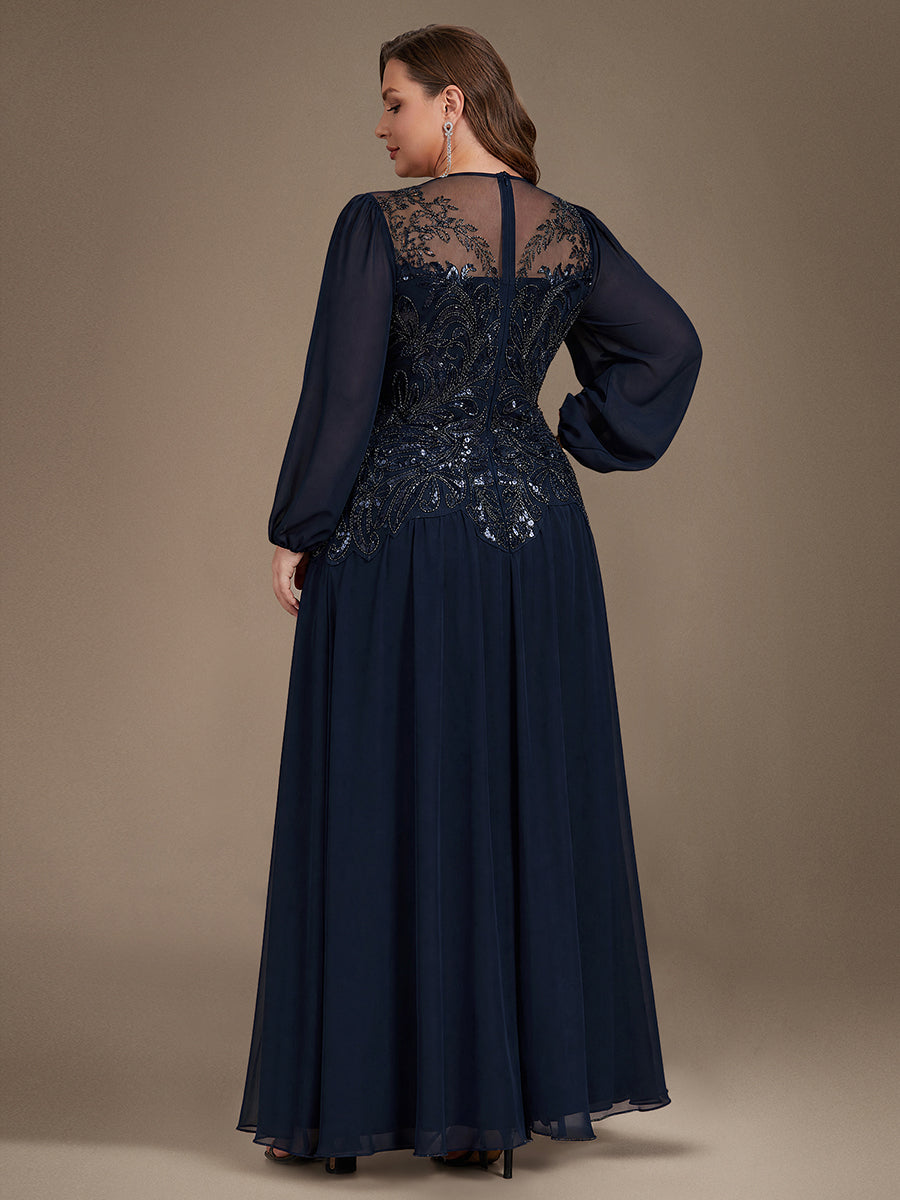 Robe maxi A-line à manches longues avec perles et sequins col rond #Couleur_Bleu Marine