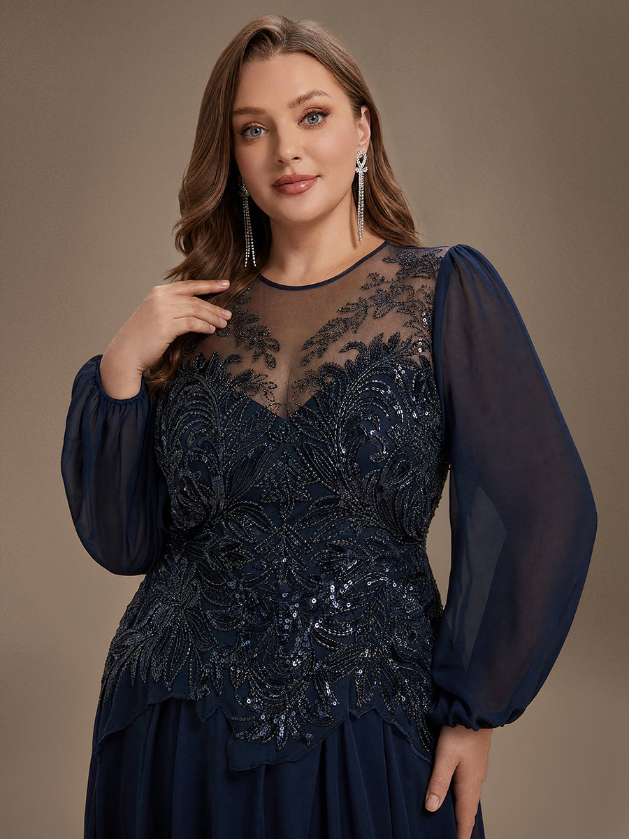 Robe maxi A-line à manches longues avec perles et sequins col rond #Couleur_Bleu Marine