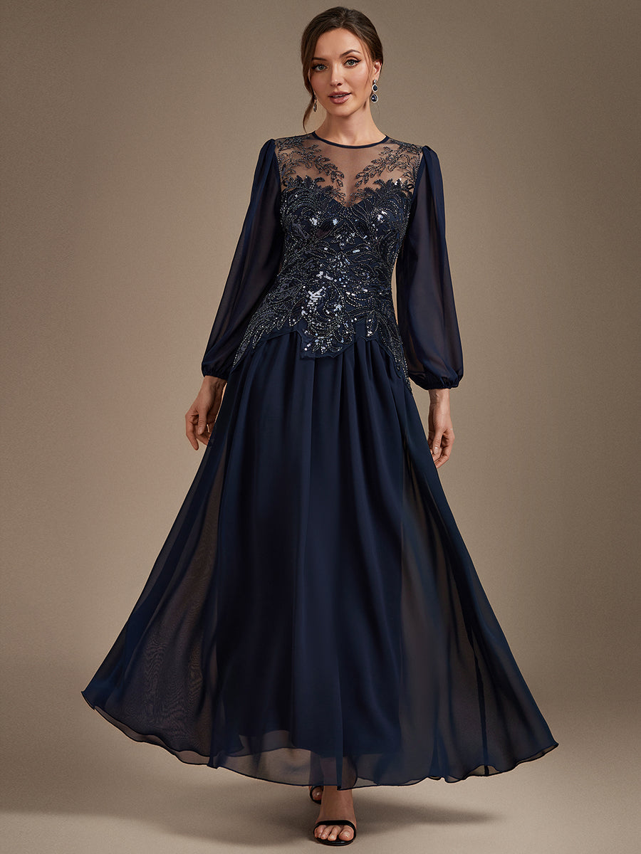 Robe maxi A-line à manches longues avec perles et sequins col rond #Couleur_Bleu Marine
