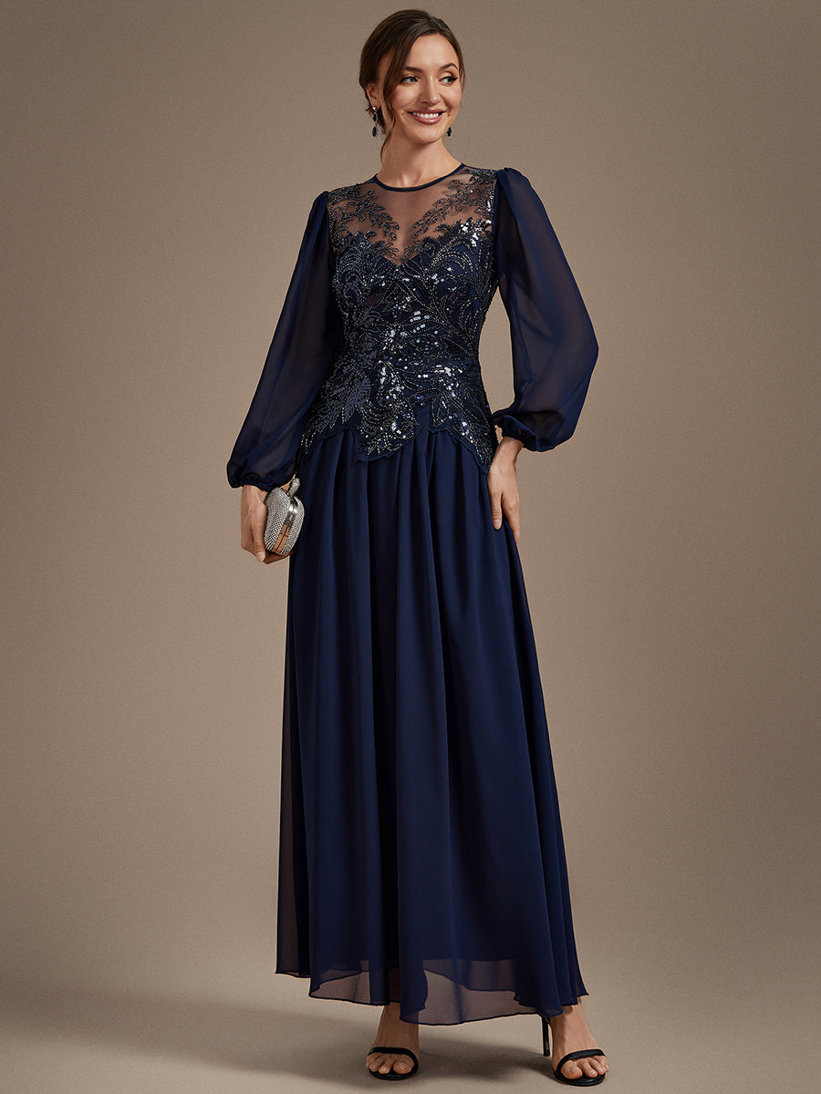 Robe maxi A-line à manches longues avec perles et sequins col rond #Couleur_Bleu Marine