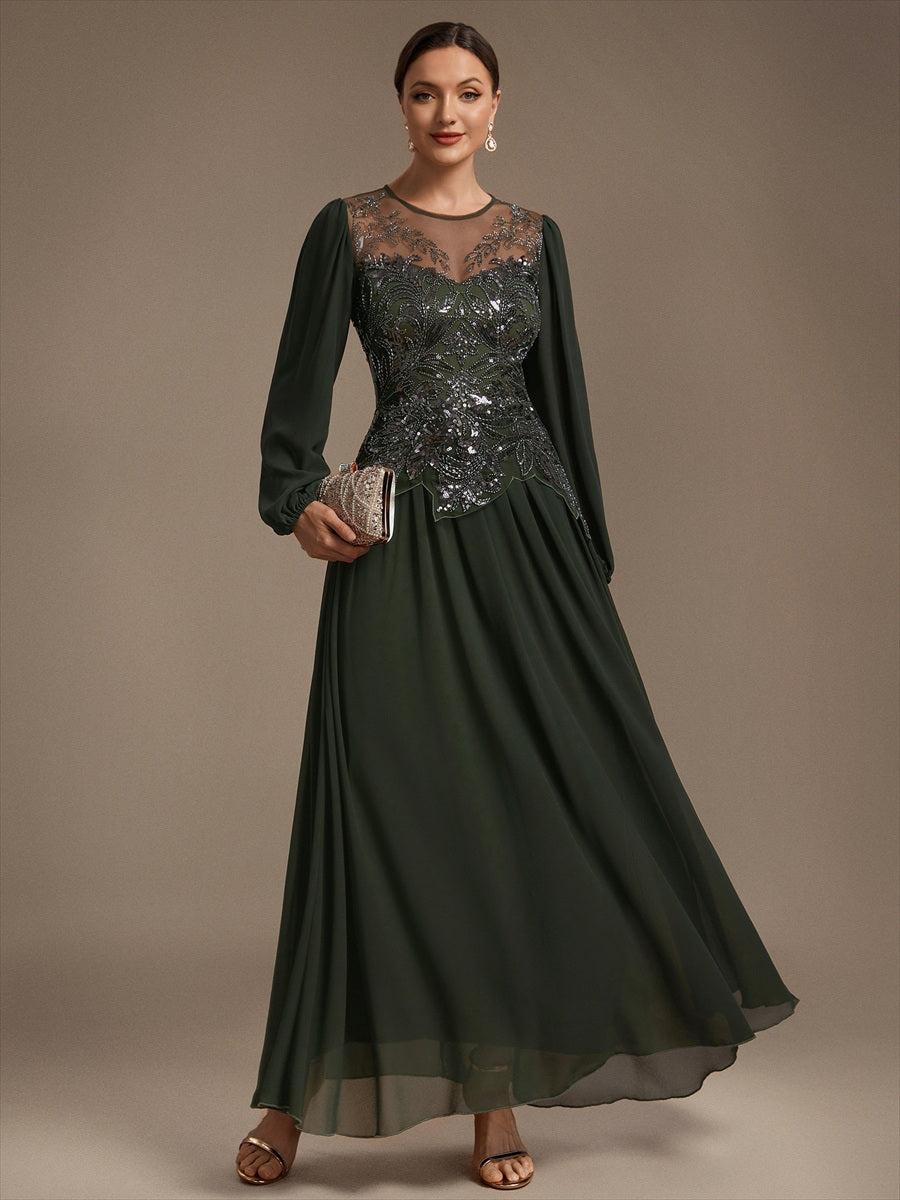Robe maxi A-line à manches longues avec perles et sequins col rond #Couleur_Vert Olive