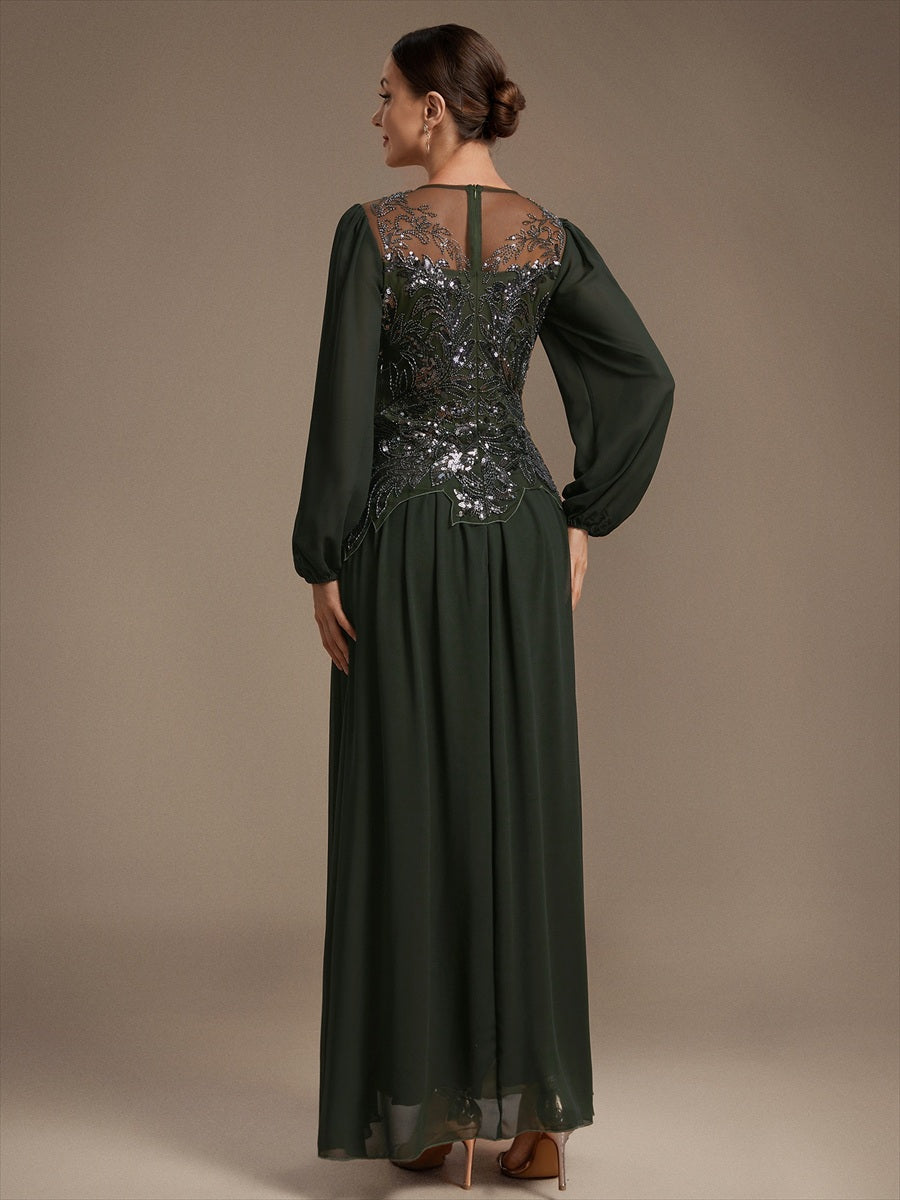 Robe maxi A-line à manches longues avec perles et sequins col rond #Couleur_Vert Olive