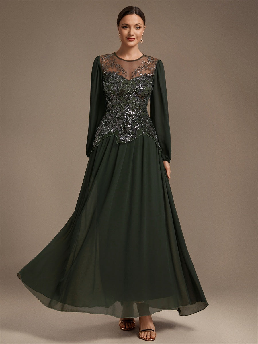 Robe maxi A-line à manches longues avec perles et sequins col rond #Couleur_Vert Olive