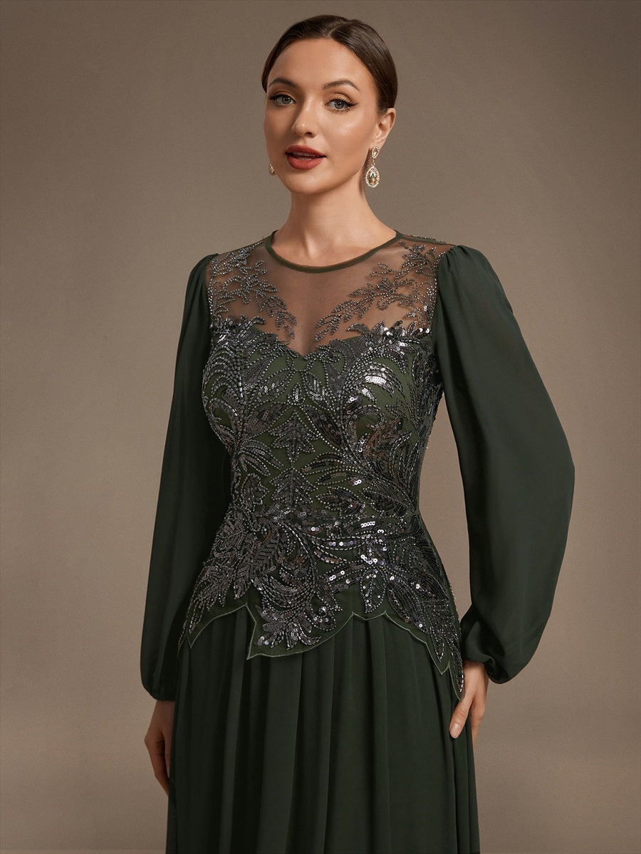 Robe maxi A-line à manches longues avec perles et sequins col rond #Couleur_Vert Olive