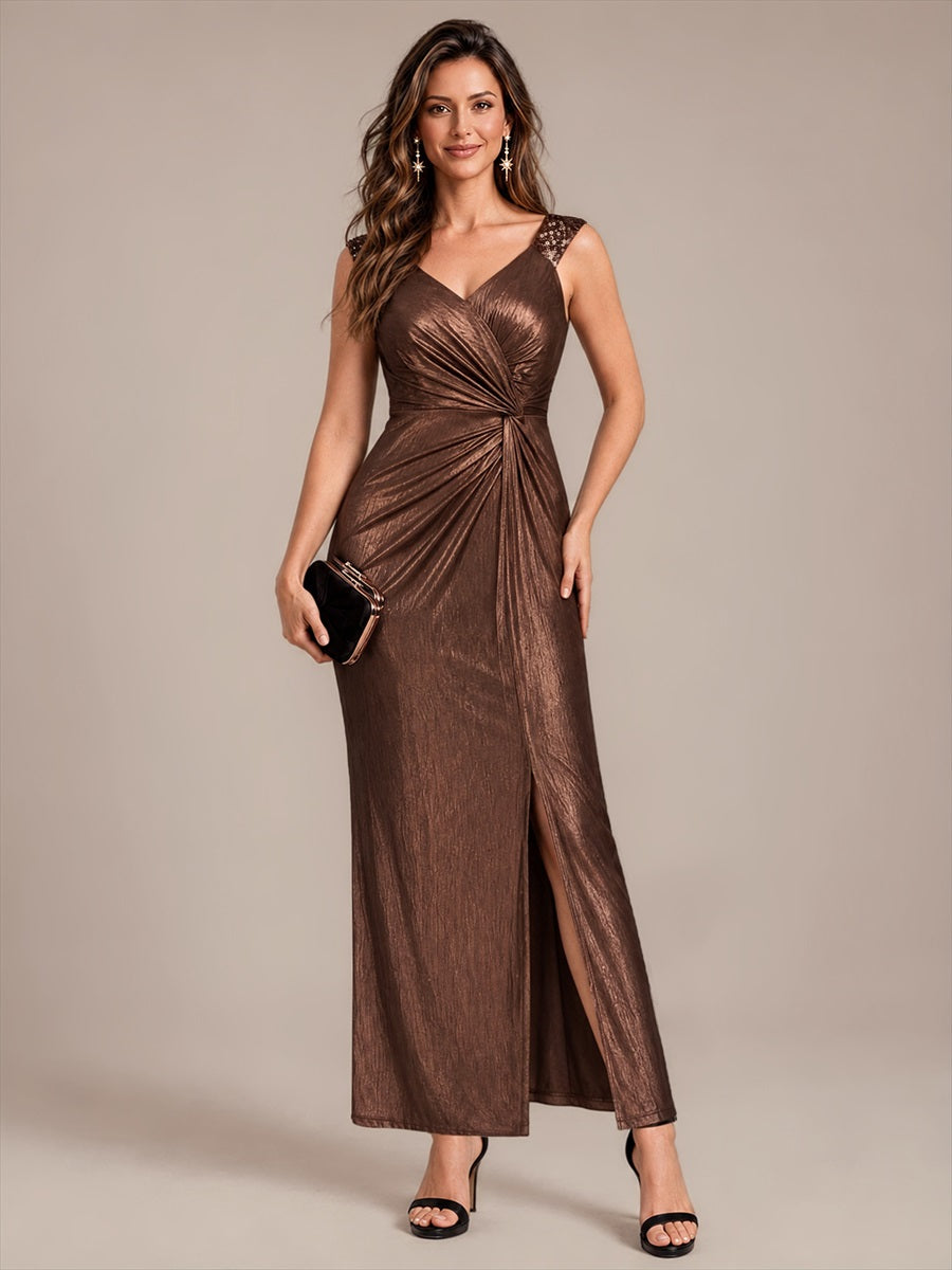 Jersey Ajustée Col V Sans Manches Robe de Soirée #Couleur_Marron chocolat