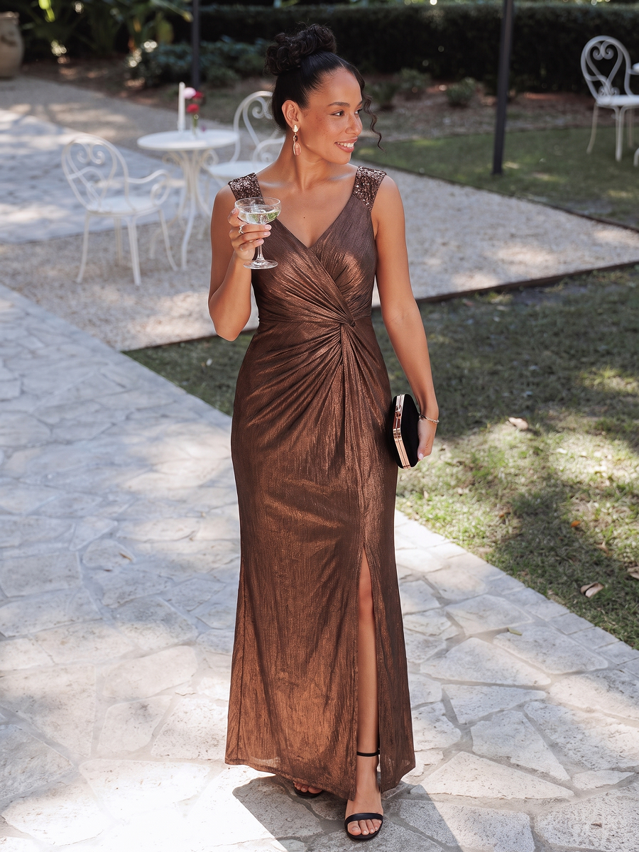 Jersey Ajustée Col V Sans Manches Robe de Soirée #Couleur_Marron chocolat